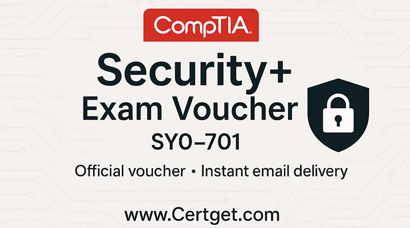 CompTIA Security+ Exam Voucher SY0-701 landscape banner with shield and network security icons