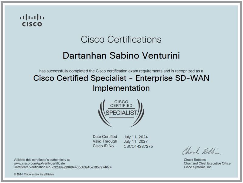 Cisco SD-WAN Solutions ENSDWI 300-415 certification certificate – Pass with 100% guarantee