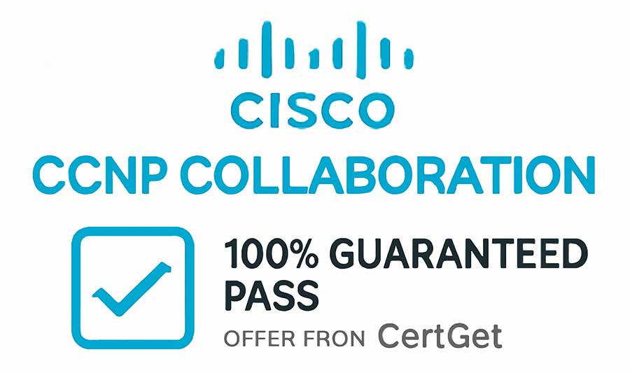 Promotional graphic for Cisco CCNP Collaboration certification with 100% guaranteed pass offer