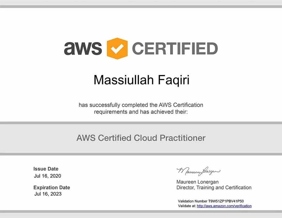 Official AWS Certified Cloud Practitioner CLF-C02 certificate sample from CertGet showing verified credential with passing score report