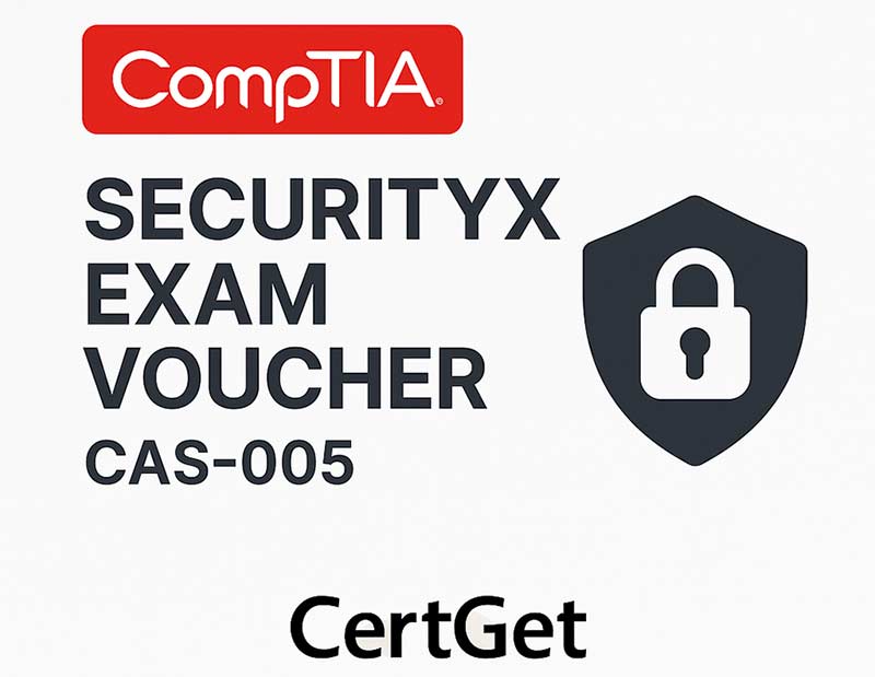 CompTIA SecurityX Exam Voucher CAS-005 promotional image with CompTIA logo, lock shield icon, and CertGet branding