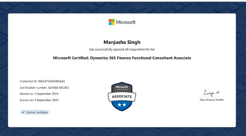 Microsoft Dynamics 365 Finance Functional Consultant Associate MB-310 Certification - Sample Certificate Image