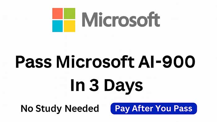 Microsoft AI-900 exam promotion banner with pass guarantee and no study needed message