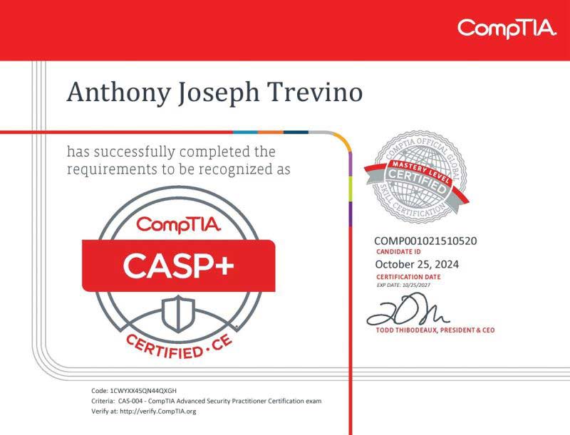 Official CompTIA CASP+ CAS-004 certificate with 100% pass guarantee