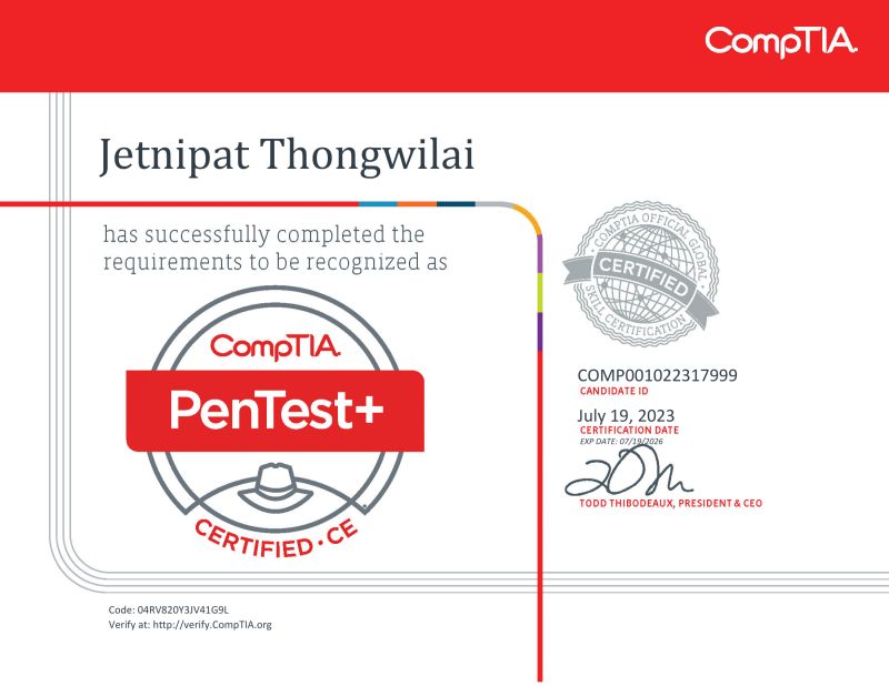 PenTest+ PT0-002 certificate sample – issued via Certget Sample of CompTIA PenTest+ PT0-002 certificate from Certget