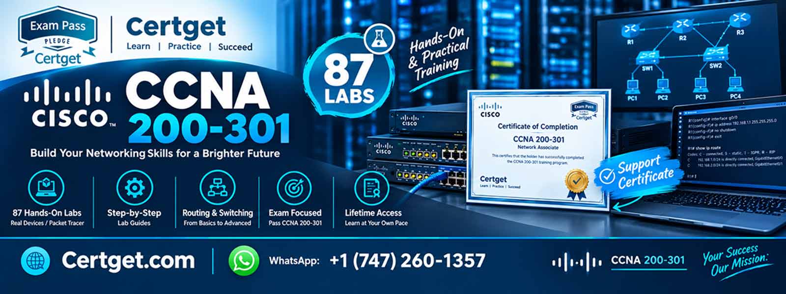 CCNA 200-301 lab book cover – 87 hands-on router and switch configuration exercises for certification prep