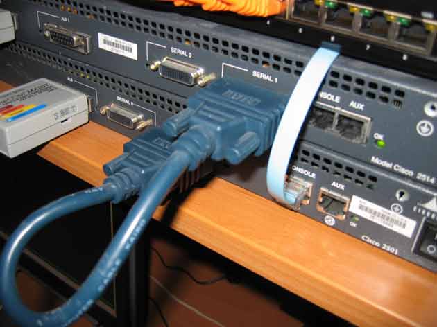 Two Cisco 2501 routers connected back-to-back via serial cable in a lab environment