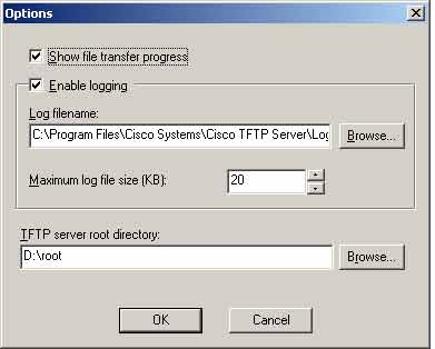 Cisco TFTP Server Options window showing TFTP server root directory path configuration