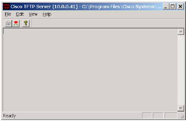 Cisco TFTP Server main window showing server root directory and transferred router config files