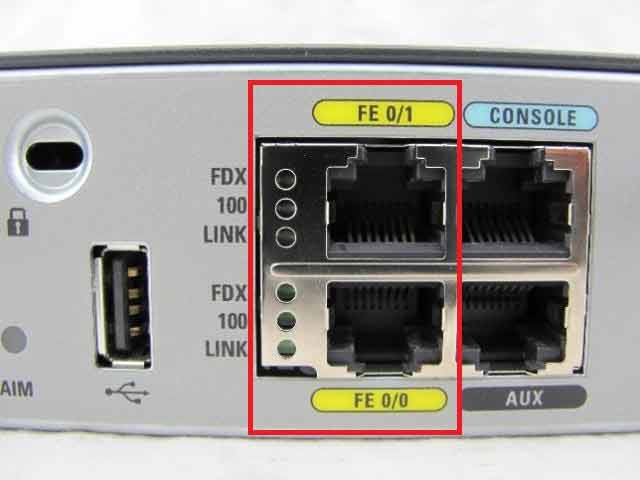 Cisco router FastEthernet LAN interfaces FE 0/0 and FE 0/1 with FDX, 100, and LINK LEDs