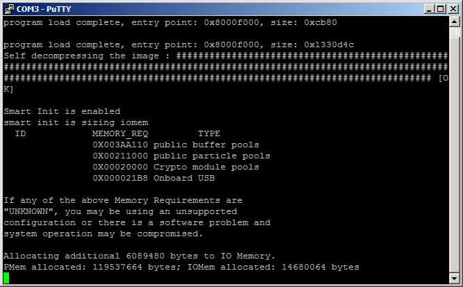PuTTY COM3 terminal window showing Cisco router boot process after console connection