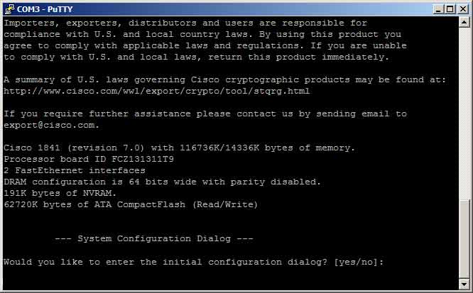 PuTTY COM3 terminal window showing Cisco router boot process after console connection