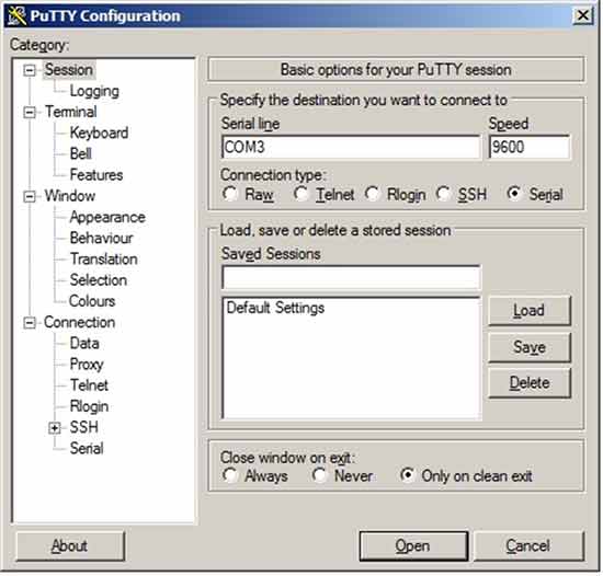PuTTY Configuration window set to Serial connection with COM3 and 9600 speed for router console access
