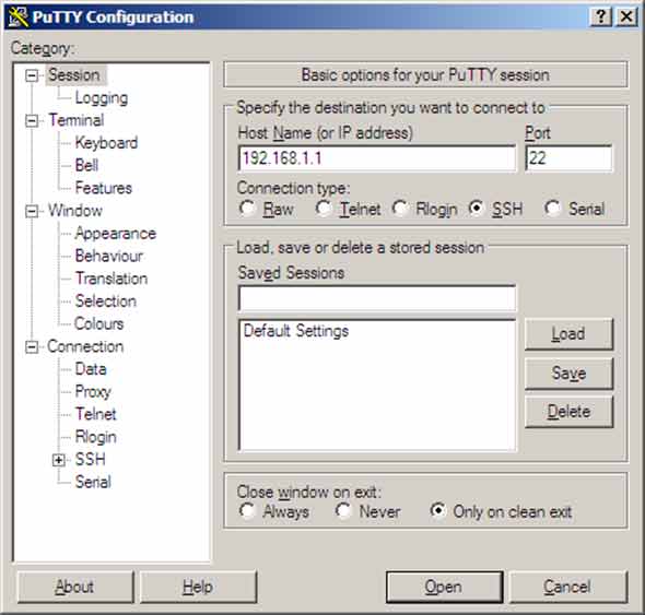 PuTTY Configuration window for Cisco router SSH access showing IP address, port 22, and SSH type