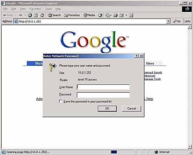 Cisco router web access login page via HTTP with username and password prompt in browser