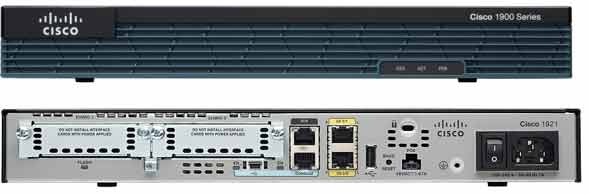 Cisco 1921 router front and back view showing GigabitEthernet ports, console port, and power supply