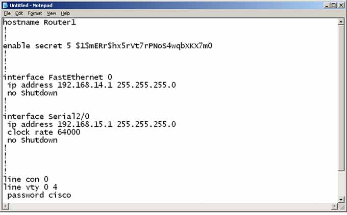 Cisco router show running-config output displaying hostname, passwords, interfaces, and IP addresses
